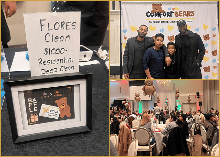 2025 Comfort Bears Gala collage — Flores Clean $1,000 Residential Deep Clean donation, Comfort Bears banner, and gala event photos.