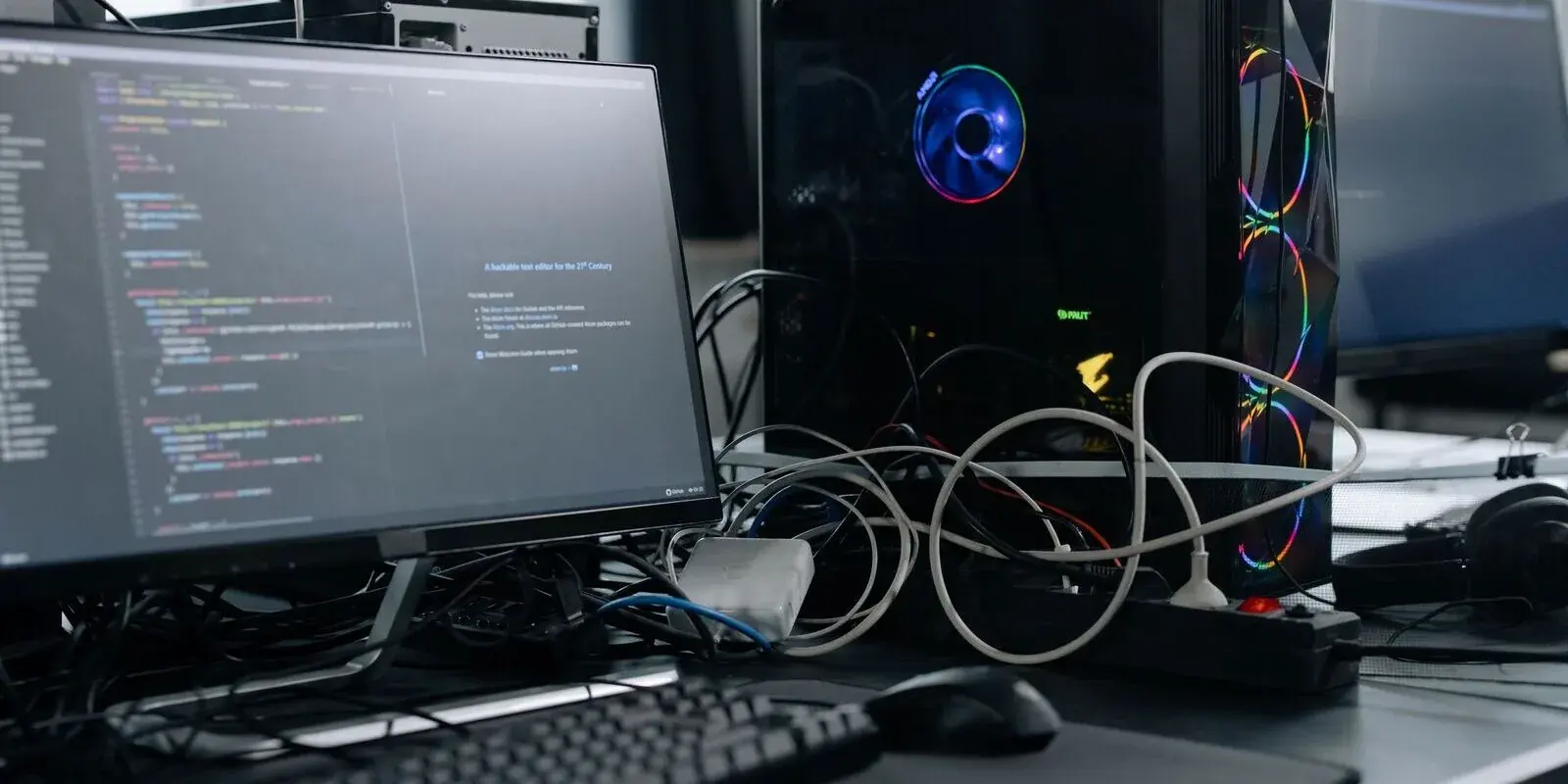 A developer workstation with code on screen and a high-performance desktop tower