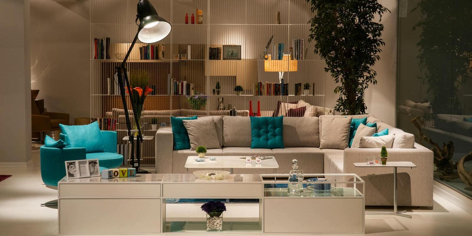 Upholstered sectional sofa and accent chair on a furniture showroom floor