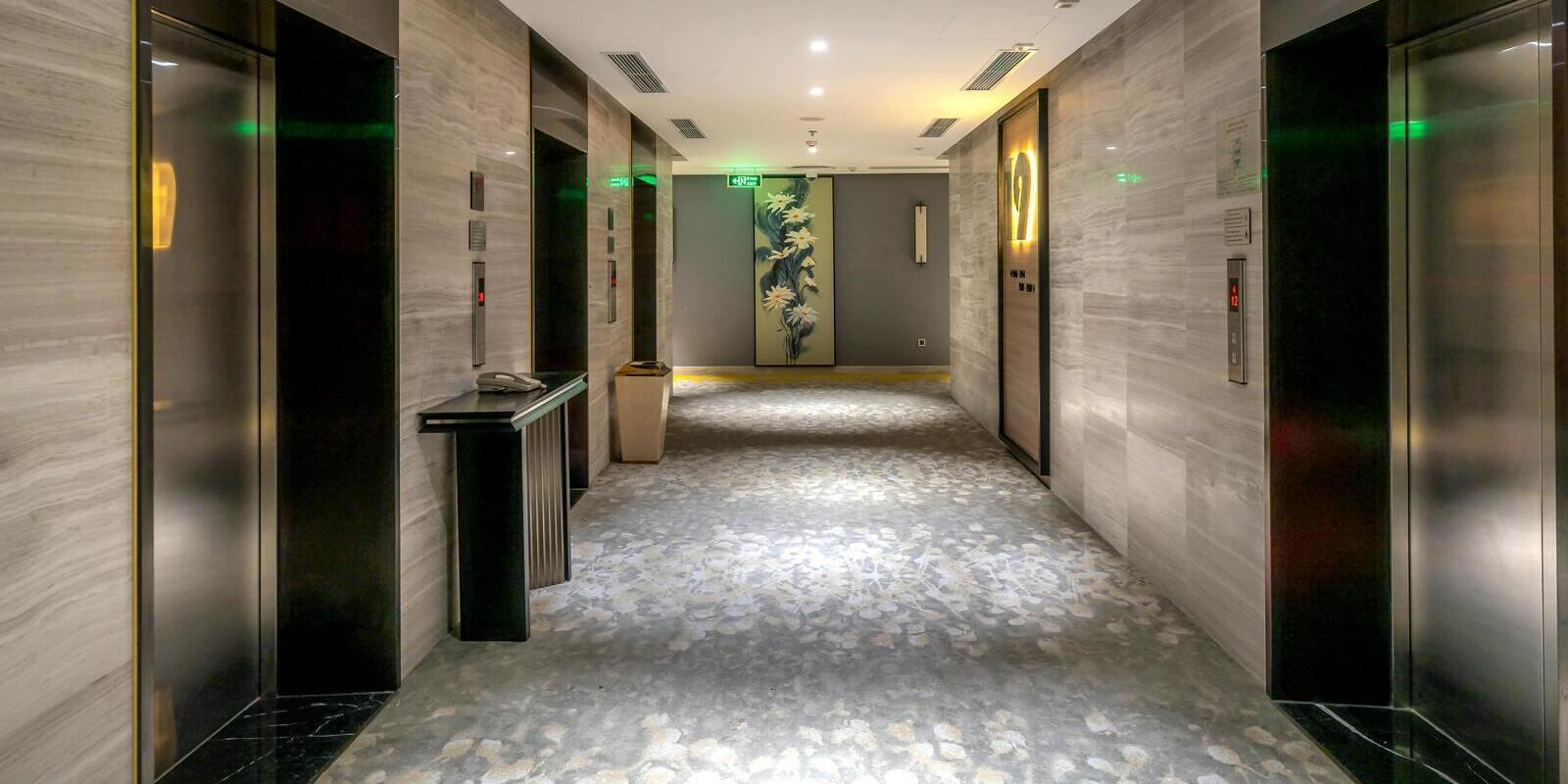 Patterned lobby carpet in a hotel elevator landing